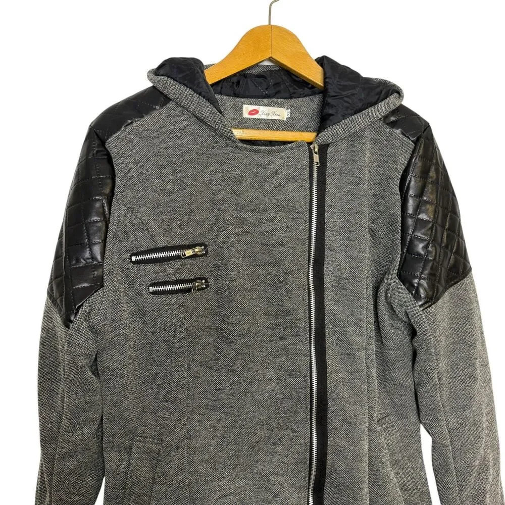 Xian‎ Xian Lined Jacket Coat Black Grey Leather Outercoat Women Size XL NWOT